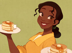 Rule 34 | 1girl, brown eyes, brown hair, butter, dark-skinned female, dark skin, food, green background, grin, happy, holding, holding plate, kiri futoshi, long hair, pancake, pancake stack, plate, shirt, simple background, smile, syrup, the princess and the frog, tiana (the princess and the frog), upper body, very dark skin, whipped cream, yellow shirt