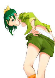 Rule 34 | 10s, 1girl, bad id, bad pixiv id, breasts, breasts out, from behind, green eyes, green hair, green shirt, kick-to-rip, looking back, matching hair/eyes, midorikawa nao, nipples, open clothes, panties, precure, shirt, shorts, sleeves rolled up, small breasts, smile precure!, solo, sweat, underwear, undressing