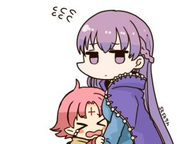 Rule 34 | &gt; &lt;, 2girls, artist name, blush stickers, cape, crying, facial mark, fae (fire emblem), fire emblem, fire emblem: the binding blade, forehead mark, long hair, long sleeves, multiple girls, nintendo, open mouth, pointy ears, purple eyes, purple hair, short hair, simple background, sksk7r, sophia (fire emblem), white background