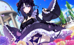 1girl :o between_breasts black_dress black_eyes black_garter_belt black_hair black_hat black_nails black_panties body_writing bow bow_panties breasts chain chain_leash cowboy_shot day dress falling_petals field flower flower_field fountain frilled_dress frills garter_belt gothic_lolita hat highres holding holding_leash holding_own_leash kitagawa_marin kuroe_shizuku kuroko_(uver-world1009) lace-trimmed_collar lace_garter_belt lace_trim large_breasts leash lolita_fashion long_sleeves looking_at_viewer medium_hair navel necktie necktie_between_breasts outdoors panties petals solo sono_bisque_doll_wa_koi_wo_suru tally thighs underwear upskirt wide_sleeves