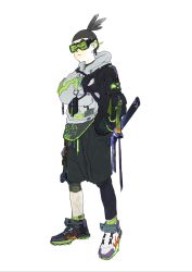 Rule 34 | 1boy, absurdres, alternate costume, artist name, asymmetrical clothes, asymmetrical footwear, asymmetrical sleeves, bags under eyes, black-framed eyewear, black eyes, black footwear, black gloves, black hair, black pants, black shirt, black shorts, character name, clenched hand, closed mouth, clothes writing, cyberpunk, dated, drawstring, english text, fingerless gloves, flame print, full body, gloves, godzillapigeon1, goggles, green-tinted eyewear, green socks, grey jacket, hand in pocket, hand up, highres, hood, hood down, hooded jacket, jacket, katana, knee pads, leg hair, long sleeves, looking to the side, male focus, mismatched footwear, mismatched sleeves, pants, pants under shorts, pouch, scissor seven, seven (scissor seven), sheath, sheathed, shirt, shoes, shorts, signature, simple background, single pantsleg, sneakers, socks, solo, standing, sword, thick eyebrows, tinted eyewear, topknot, v-shaped eyebrows, weapon, white background, white footwear
