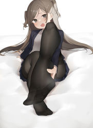 1girl, :d, absurdres, black jacket, black legwear, blazer, blue skirt, blush, doyagao, fang, feet, highres, jacket, light brown hair, long hair, looking at viewer, miniskirt, no shoes, on bed, open mouth, original, pantyhose, pleated skirt, sinnop10, sitting, skirt, smile, smug, solo, thighband pantyhose, toes, two side up