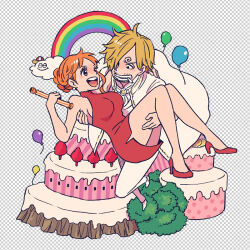 Rule 34 | 1boy, 1girl, balloon, blonde hair, cake, cigarette, commentary request, curly eyebrows, dress, earrings, food, hair bun, hair over one eye, hatch (8cco), high heels, holding, jacket, jewelry, looking at another, nami (one piece), one piece, orange hair, pants, rainbow, red dress, red footwear, sanji (one piece), short hair, white headwear, white jacket, white pants, zeus (one piece)