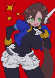 Rule 34 | 1girl, absurdres, aile (mega man zx), bodysuit, breasts, brown hair, buzzlyears, green eyes, highres, huge breasts, jacket, leaning forward, long hair, mega man (series), mega man zx, mega man zx advent, open clothes, open jacket, ponytail, shorts, tight clothes
