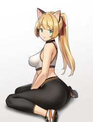 Rule 34 | 1girl, animal ears, ass, blonde hair, blunt bangs, breasts, cat ears, closed mouth, collar, from side, full body, green eyes, hair ribbon, houtengeki, leggings, long hair, looking at viewer, looking to the side, medium breasts, original, ponytail, red ribbon, ribbon, sitting, solo, sports bra, wariza