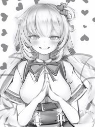 Rule 34 | 1girl, absurdres, akai haato, akai haato (1st costume), bare arms, belt, breasts, dot nose, greyscale, grin, hair ornament, heart, heart background, heart hair ornament, highres, hololive, light blush, long hair, looking at viewer, low twintails, medium breasts, monochrome, nanashi (nlo), neck ribbon, one side up, own hands together, parted lips, ribbon, short sleeves, simple background, smile, solo, steepled fingers, twintails, upper body, virtual youtuber