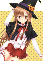 Rule 34 | 10s, 1girl, asuna (sao), bad id, bad pixiv id, brown eyes, brown hair, cape, capelet, detached sleeves, halloween, happy halloween, hat, hat ribbon, jack-o&#039;-lantern, long hair, looking at viewer, mukai kiyoharu, polka dot, polka dot background, red eyes, ribbon, skirt, smile, solo, star (symbol), sword art online, thighhighs, white thighhighs, witch hat