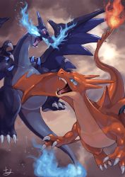Rule 34 | blue eyes, blue fire, charizard, creatures (company), dragon, fighting, fire, flame-tipped tail, game freak, gen 1 pokemon, highres, mega charizard x, mega charizard y, mega pokemon, nintendo, no humans, pokemon, pokemon (creature), red eyes, tail, tesshii (riza4828), wings