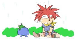 Rule 34 | 1990s (style), 1boy, armband, chibi, chrono (series), chrono trigger, crono (chrono trigger), green hair, headband, lowres, male focus, nu (chrono trigger), o o, rain, red hair, sitting, spiked hair