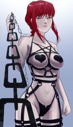 Rule 34 | 1girl, absurdres, bdsm, braid, breasts, chain, chainsaw man, denji (chainsaw man), femdom, heart pasties, highleg, highleg panties, highres, large breasts, lingerie, makima (chainsaw man), navel, necktie, o-ring, panties, pasties, quanxi (chainsaw man), red hair, ringed eyes, self-upload, solo, stamos, thigh strap, underwear, yellow eyes
