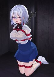 Rule 34 | 1girl, absurdres, arms behind back, bdsm, blue skirt, bondage, bound, breasts, chain, commentary request, falken (yutozin), highres, kneeling, large breasts, looking at viewer, open mouth, original, purple eyes, red rope, restrained, rope, shibari, shirt, short hair, skirt, socks, solo, tied up (nonsexual), white hair, white shirt, white socks