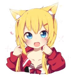 Rule 34 | 1girl, adjusting hair, akai haato, akai haato (casual), animal ears, animal hair ornament, blonde hair, blue eyes, blush, bow, bowtie, cat ears, collarbone, fang, hair ornament, hairclip, highres, hololive, hood, hoodie, okota mikan, open mouth, red bow, red bowtie, red hoodie, simple background, smile, solo, upper body, virtual youtuber, white background