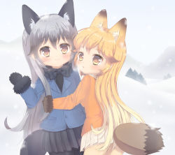 Rule 34 | 10s, 2girls, animal ears, bad id, bad pixiv id, beige legwear, black bow, black gloves, black pantyhose, black shirt, black skirt, blonde hair, blue jacket, blue sky, bow, breath, brown eyes, closed mouth, commentary request, day, ezo red fox (kemono friends), foreign blue, fox ears, fox girl, fox tail, fur-trimmed sleeves, fur trim, gloves, gradient hair, grey hair, hair between eyes, hand up, jacket, kemono friends, long sleeves, looking at viewer, looking back, multicolored hair, multiple girls, orange hair, orange jacket, outdoors, pantyhose, parted lips, pine tree, pleated skirt, shirt, silver fox (kemono friends), skirt, sky, smile, snow, snowing, tail, tree, white skirt