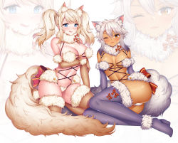 Rule 34 | 2girls, animal ears, ass, banglinh1997, blonde hair, blue eyes, blush, breasts, brown eyes, cleavage, cosplay, dark-skinned female, dark skin, fox ears, fox girl, fox tail, highres, kneeling, large breasts, licking lips, looking at viewer, lying, mash kyrielight, mash kyrielight (dangerous beast), mash kyrielight (dangerous beast) (cosplay), multicolored hair, multiple girls, naughty face, navel, official alternate costume, on side, one eye closed, original, tail, thighhighs, thighs, tongue, tongue out, white hair