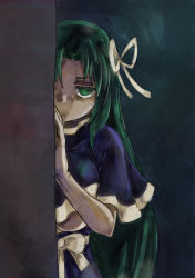 Rule 34 | 1girl, breasts, capelet, commentary request, dark, green eyes, green hair, hair intakes, hair ribbon, large breasts, long hair, looking at viewer, matching hair/eyes, mima (touhou), no headwear, no headwear, peeking out, ribbon, solo, touhou, touhou (pc-98), underboob, upper body, v-shaped eyebrows, very long hair, yohane
