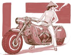 Rule 34 | 1girl, brown hair, chinese clothes, cigarette, commentary, english commentary, hat, high heels, long hair, long sleeves, monochrome, motor vehicle, motorcycle, mouth hold, original, pants, profile, red theme, rice hat, shirt, smoke, smoking, solo, vietnamese dress, y naf