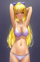 1girl absurdres arms_behind_head bikini blonde_hair breasts cleavage cowboy_shot dark-skinned_female dark_skin elf gradient_hair grey_background hair_ribbon high_ponytail highres hololive kon_(07263545) large_breasts long_hair looking_at_viewer multicolored_hair pointy_ears red_eyes ribbon shiranui_flare solo standing streaked_hair swimsuit virtual_youtuber white_bikini