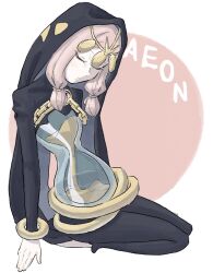 Rule 34 | 1girl, aeon (skullgirls), blush, bracelet, chain, character name, closed eyes, highres, hood, hourglass, hzshemy, jewelry, kneeling, parted lips, pink hair, sand, sitting, skullgirls, solo, tiara, twintails