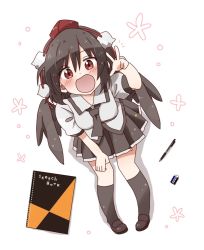 Rule 34 | 1girl, bird wings, black footwear, black hair, black ribbon, black skirt, black socks, black wings, blush, collared shirt, commentary request, eraser, frilled skirt, frills, hat, highres, kneehighs, looking at viewer, open mouth, pom pom (clothes), puffy short sleeves, puffy sleeves, red eyes, ribbon, shameimaru aya, shirt, shoes, short hair, short sleeves, simple background, sketchbook, skirt, smile, socks, solo, tokin hat, totoharu (kujirai minato), touhou, v, white background, white shirt, wings