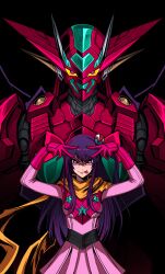 Rule 34 | 1girl, 3ok, black background, crossover, double v, dress, getter-1, getter robo, highres, hoshino ai (oshi no ko), long hair, looking at viewer, mecha, new getter robo, oshi no ko, pink dress, purple eyes, purple hair, robot, scarf, super robot, tongue, tongue out, v, very long hair, yellow scarf