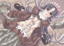 Rule 34 | 1girl, apron, black footwear, blue eyes, blue hair, blush, clenched teeth, crying, crying with eyes open, cum, cumdrip, dress, dutch angle, from above, gloves, kafra uniform, loafers, looking at viewer, looking up, maid, maid headdress, mil (xration), on floor, open mouth, puffy short sleeves, puffy sleeves, ragnarok online, rape, red dress, shoes, short sleeves, sitting, solo, stone floor, streaming tears, tears, teeth, tentacle sex, tentacles, uncensored, wariza, white legwear