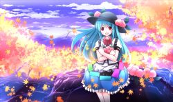 Rule 34 | 1girl, autumn, autumn leaves, blue hair, blue sky, bow, cloud, food, forest, fruit, harvest, hat, highres, hinanawi tenshi, long hair, mountain, nature, open mouth, peach, puffy short sleeves, puffy sleeves, red eyes, risutaru, rock, shirt, short sleeves, sitting, sitting on rock, skirt, sky, smile, solo, touhou, very long hair