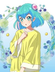 Rule 34 | 1girl, :o, antennae, aqua eyes, aqua hair, blue background, blush, fashion, floral background, flower request, gradient background, hagoromo lala, hair ornament, heart, heart hair ornament, highres, kousuke0912, long sleeves, looking at viewer, multicolored hair, open mouth, oversized clothes, pink hair, precure, shirt, short hair, simple background, solo, star-shaped pupils, star (symbol), star in eye, star twinkle precure, streaked hair, symbol-shaped pupils, symbol in eye, upper body, white hair, yellow shirt