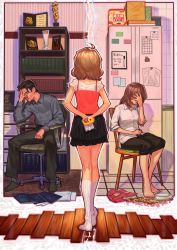 Rule 34 | 1boy, 2girls, bad id, bad twitter id, bookshelf, brown hair, bukimi isan, camisole, chair, commentary request, covering face, family, father and daughter, highres, idolmaster, idolmaster million live!, kneehighs, mother and daughter, multiple girls, no shoes, office chair, photo (object), refrigerator, short hair, sitting, skirt, socks, suou momoko, swivel chair, tape, trophy