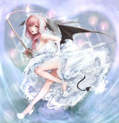 Rule 34 | 1girl, alternate costume, bare shoulders, bat wings, blush, breasts, bridal veil, demon girl, demon tail, dress, female focus, gloves, head wings, high heels, hoshibuchi, koakuma, large breasts, long hair, looking at viewer, multiple wings, open mouth, red hair, solo, tail, touhou, veil, wedding dress, white dress, white gloves, wings