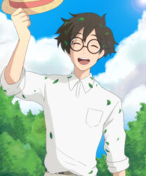 Rule 34 | 1boy, :d, ^ ^, anime coloring, arm up, black hair, breast pocket, cel shading, closed eyes, collared shirt, commentary request, day, facing viewer, hat, holding, holding clothes, holding hat, horikoshi jirou, kaze tachinu, leaf, leaf on head, lens flare, light rays, male focus, open mouth, outdoors, pocket, scene reference, shirt, short hair, sleeves rolled up, smile, solo, sunlight, teeth, tottooo410 (romeo1207), upper body, upper teeth only, white shirt, yellow hat