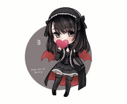 Rule 34 | 1girl, alternate costume, arm ribbon, bat wings, belt buckle, black bow, black bowtie, black coat, black dress, black footwear, black hair, black headdress, black headwear, black ribbon, black thighhighs, bow, bowtie, buckle, chibi, circle, clothes lift, coat, commentary request, covering own mouth, dated, detached sleeves, dress, final fantasy, final fantasy viii, frilled dress, frilled headwear, frills, full body, grey background, grey eyes, hair bow, hand up, headdress, heart, hiryuu (kana h), holding, holding heart, lace, lace-trimmed dress, lace-trimmed socks, lace trim, light blush, long coat, medium hair, multicolored hair, notice lines, plunging neckline, red wings, ribbon, rinoa heartilly, shoes, signature, simple background, sleeveless, sleeveless coat, solo, streaked hair, thighhighs, wings