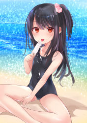 Rule 34 | 1girl, :p, absurdres, adachi tenka, bare arms, bare legs, bare shoulders, black hair, black one-piece swimsuit, blush, breasts, cube hair ornament, day, feet out of frame, food, hair between eyes, hair ornament, highres, holding, holding food, ice cream, long hair, looking at viewer, natsu (sinker8c), navel, ocean, one-piece swimsuit, one side up, outdoors, red eyes, shoujo ramune, sitting, small breasts, smile, solo, swimsuit, tongue, tongue out, very long hair, water