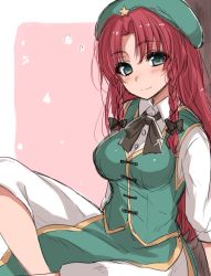 Rule 34 | against tree, aqua eyes, arm support, asa (coco), blush, breasts, colored eyelashes, hair ribbon, hong meiling, crossed legs, light smile, long hair, long sleeves, looking at viewer, pants, pink background, red hair, ribbon, shirt, side slit, sketch, solo, touhou, tree, tress ribbon, white pants, white shirt