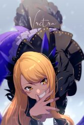 Rule 34 | 1girl, black dress, blonde hair, bracelet, breasts, character name, dark-skinned female, dark skin, dragon girl, dragon horns, dragon tail, dress, echo (circa), facial mark, fate/grand order, fate (series), grin, horns, jewelry, large breasts, long hair, long sleeves, looking at viewer, smile, solo, swept bangs, tail, vritra (fate), yellow eyes