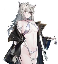 Rule 34 | 1girl, animal ears, arknights, arm strap, bikini, black jacket, black nails, chain, charm (object), collar, commentary, cowboy shot, fingerless gloves, gloves, grey collar, grey eyes, grey gloves, grey hair, hair between eyes, highres, holding, holding chain, jacket, jia redian ruzi ruzi, lappland (arknights), linea alba, long hair, long sleeves, looking at viewer, material growth, navel, off shoulder, oripathy lesion (arknights), scar, scar across eye, simple background, smile, solo, swimsuit, thigh strap, white background, white bikini, wide sleeves, wolf ears