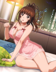 Rule 34 | 1girl, bare arms, bare legs, blunt bangs, breasts, brown eyes, brown hair, city lights, cleavage, collarbone, dress, high ponytail, ikkitousen, indoors, large breasts, long hair, nightgown, open mouth, pillow, pink dress, shiny skin, short dress, sleepwear, sleeveless, sleeveless dress, solo, yagyu mitsuyoshi