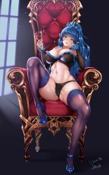 Rule 34 | 1girl, alcohol, aqua eyes, black bra, black panties, blue footwear, blue hair, blue thighhighs, blush, bra, breasts, chair, cleavage, commission, crotch, crown, cup, detached sleeves, drink, drinking glass, dungeon and fighter, frilled bra, frills, groin, head rest, high heels, highres, large breasts, leg up, lips, looking at viewer, mad kimo, muscular, muscular female, navel, panties, parted lips, pink lips, pointy ears, seductive smile, see-through, see-through legwear, sitting, skin tight, sleeve cuffs, smile, solo, spread legs, thighhighs, underwear, wine, wine glass