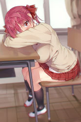 Rule 34 | 1girl, absurdres, alternate costume, black socks, breasts, brown cardigan, cardigan, chair, chromatic aberration, classroom, commentary request, desk, eyepatch, hair ribbon, highres, hololive, houshou marine, indoors, kneehighs, koubou (cowbow kun), large breasts, legs, long hair, long sleeves, looking at viewer, plaid, plaid skirt, pleated skirt, red eyes, red hair, red ribbon, red skirt, ribbon, school chair, school desk, shoes, sitting, skirt, socks, solo, twintails, uwabaki, virtual youtuber, white footwear