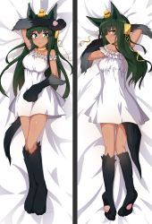 Rule 34 | 1girl, animal ears, animal hands, anubis (monster girl encyclopedia), bad link, bare shoulders, bed, bed sheet, blush, choker, closed mouth, commission, dakimakura (medium), dark green hair, dark skin, dress, full body, fur, green eyes, green hair, hair ornament, hand up, long hair, looking at viewer, looking back, lying, monster girl, monster girl encyclopedia, multiple views, nightgown, on back, on bed, on stomach, second-party source, smile, snake hair ornament, tail, tilt-shift (azalanz), white dress, wolf ears, wolf tail, yellow neckwear