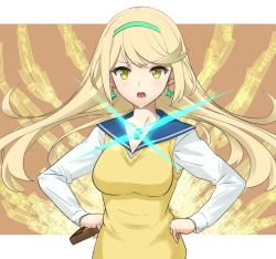 Rule 34 | 1girl, blonde hair, blush, breasts, dolling60883582, dollinger, earrings, gem, hair ornament, jewelry, large breasts, long hair, looking at viewer, mythra (xenoblade), neckerchief, nintendo, open mouth, pleated skirt, sailor collar, school uniform, serafuku, skirt, solo, swept bangs, tiara, xenoblade chronicles (series), xenoblade chronicles 2, yellow eyes