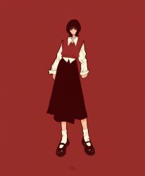 Rule 34 | 1girl, black footwear, black hair, black skirt, blending, collared shirt, expressionless, highres, long skirt, looking at viewer, original, red background, red sweater vest, second-party source, shirt, shoes, short hair, signature, simple background, skirt, sleeves past wrists, socks, solo, standing, sweater vest, syooooyoooo, white shirt, white socks, wide shot