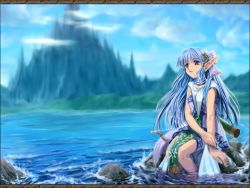 Rule 34 | blue eyes, blue hair, bow (weapon), game, long hair, mountain, olha (ys), pointy ears, quiver, rehda, sitting, tagme, water, weapon, ys, ys vi