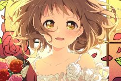 Rule 34 | blush, bouquet, brown hair, crying, crying with eyes open, dot nose, dress, floating hair, floral background, flower, flower ornament, frilled dress, frills, happy, looking at viewer, medium hair, namori, open mouth, original, portrait, rose, stained glass, tearing up, tears, white dress, yellow eyes