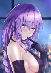 Rule 34 | 1girl, bare shoulders, biting, blue eyes, blush, braid, breasts, choujigen game neptune the animation, dress, elbow gloves, from side, glove biting, gloves, hair between eyes, long hair, looking at viewer, medium breasts, muwa12, neptune (series), power symbol, power symbol-shaped pupils, purple dress, purple gloves, purple hair, purple heart (goddesses&#039; promise), purple heart (neptunia), sideboob, smile, solo, symbol-shaped pupils, upper body