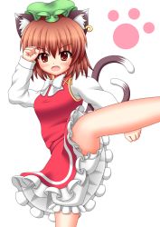 Rule 34 | 1girl, animal ears, bad id, bad pixiv id, bloomers, bow, brown eyes, brown hair, cat ears, cat girl, cat tail, chen, clenched hand, clenched hands, earrings, fang, female focus, fighting stance, hat, high collar, jewelry, kicking, leg up, long sleeves, looking at viewer, mob cap, multiple tails, open mouth, paw print, raised fist, short hair, simple background, single earring, skirt, skirt set, solo, tail, touhou, underwear, vergece, white background
