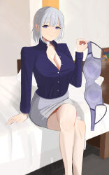 Rule 34 | 1girl, absurdres, bandaged neck, bandages, bed, bra, breasts, cleavage, closed mouth, collarbone, commentary request, feet out of frame, girls&#039; frontline, grey hair, grey skirt, highres, holding, holding bra, holding clothes, holding underwear, indoors, koucha kouden, large breasts, looking at viewer, miniskirt, on bed, pillow, purple bra, purple eyes, purple shirt, rpk-16 (girls&#039; frontline), rpk-16 (renate) (girls&#039; frontline), shirt, short hair, sitting, skirt, smile, solo, underwear