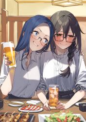 Rule 34 | 2girls, 92m, absurdres, alcohol, beer, black-framed eyewear, black hair, blue eyes, blue hair, blue nails, blush, braid, braided ponytail, closed mouth, collared shirt, commentary request, cup, dateko (92m), drink, fingernails, food, glass, glasses, highres, holding, holding cup, kakita (92m), long hair, looking at another, multiple girls, nail polish, original, shirt, sitting, smile, wavy mouth, white shirt, yellow eyes