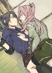 Rule 34 | 10s, 2girls, bad id, bad twitter id, black legwear, blush, brown skirt, camouflage, cross-laced clothes, dutch angle, eye contact, flat chest, from side, fukazaki (g425hw45), green hair, green skirt, grey hair, hachimaki, hair ribbon, hakama, hakama short skirt, hakama skirt, hands on another&#039;s chest, headband, high ponytail, indoors, japanese clothes, kantai collection, lattice, light brown hair, long hair, long sleeves, looking at another, multiple girls, ponytail, remodel (kantai collection), ribbon, ribbon-trimmed sleeves, ribbon trim, shorts, skirt, sliding doors, surprised, sweatdrop, tatami, thighhighs, twintails, white ribbon, wide-eyed, wide sleeves, yuri, zuihou (kancolle), zuikaku (kancolle)