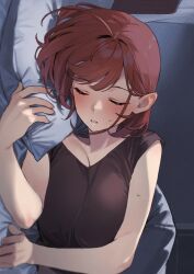 Rule 34 | 1girl, 92m, absurdres, ahoge, blush, breasts, brown shirt, closed eyes, commentary request, fingernails, highres, indoors, kinshi no ane (92m), large breasts, lying, on side, original, parted lips, pillow, red hair, shirt, short hair, sleeping, sleeveless, sleeveless shirt, solo, sweat
