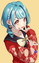 Rule 34 | 1girl, absurdres, argyle, argyle clothes, argyle sweater, blue hair, braid, cardigan, choker, drill hair, earrings, eringi181, french braid, hair ornament, hairclip, heart, heart earrings, highres, jewelry, long sleeves, looking at viewer, medium hair, multicolored eyes, multicolored hair, orange eyes, red cardigan, red eyes, red nails, red sweater, shiranami ramune, shiranami ramune (2nd costume), simple background, smile, solo, streaked hair, sweater, tongue, tongue out, upper body, v, virtual youtuber, vspo!, white choker, white hair, yellow eyes